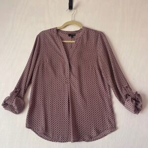 The Limited Burgundy Geometric Clover V-Neck Roll Tab Sleeve Blouse Small